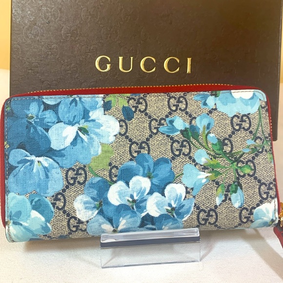 Gucci GG Supreme Blooms Zippy Wallet Rare Blue w/Red Leather Interior - Picture 3 of 17